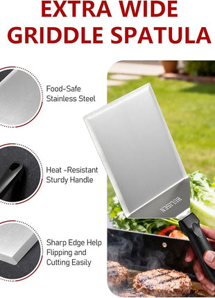 HULISEN Stainless Steel Large Grill Spatula - 6 x 5 Inch Heavy-Duty Metal Spatula with Cutting Edges, Kitchen Griddle Accessories, Smashed Burger Turner Scraper for BBQ Grill and Flat Top Griddle