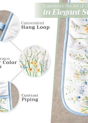 Maison d' Hermine Double Oven Mitts 100% Cotton 7"x35" Double Oven Mitt Heat Resistant BBQ Cooking Gloves with Loop, Baking, Grilling, Home, Kitchen, Handling Hot Pans Spring Summer (Fleurs De Mai)