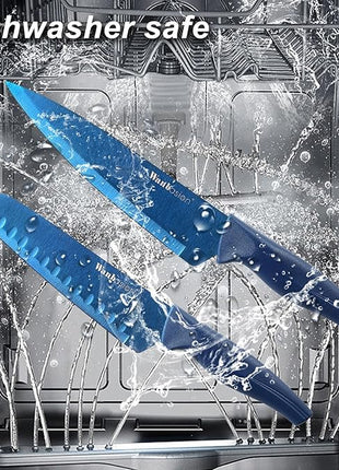 Wanbasion Blue Stainless Steel Knife Set, Sharp Kitchen Knife Set Professional, Kitchen Knife Set Dishwasher Safe with Covers for Cooking
