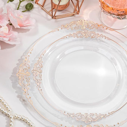 Nervure 350PCS Rose Gold Plastic Plates - Rose Gold Plastic Dinnerware Sets for 50 Guests - 100 Disposable Plates, 150 Silverware, 50 Cups, 50 Napkins Perfect for Wedding & Party