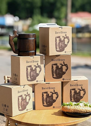 Set of 6 Beer Mug 20 OZ - Tankard Mug - Beer stein - Wooden beer mug - Stainless Steel Cup - Handmade Gifts for Men - Fathers Day, Christmas or Birthday Gift Idea - Barrel Brown
