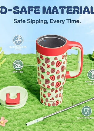 24 oz Metal Tumbler Cup for Girls: Easy Grip Handle, Leak-Proof when Sealed, Easy to Clean, Double Wall Vacuum Cup for Home, School, Daycare, Party, Picnic, Hiking, Travel, Gift (Strawberry Pop)