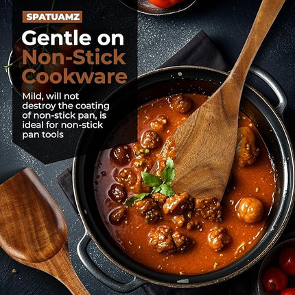 SPATUAMZ Wooden Spoons for Cooking, Teak Wood Nonstick Kitchen Utensils Set, Non-Toxic Wooden Spatula Set of 9 for Any Kitchen