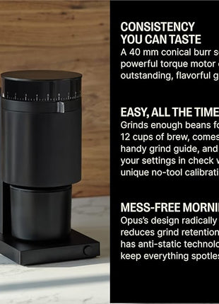 Fellow Opus Conical Burr Coffee Grinder - All Purpose Electric - Espresso Grinder with 41 Settings for Drip, French Press, & Cold Brew - Matte Black