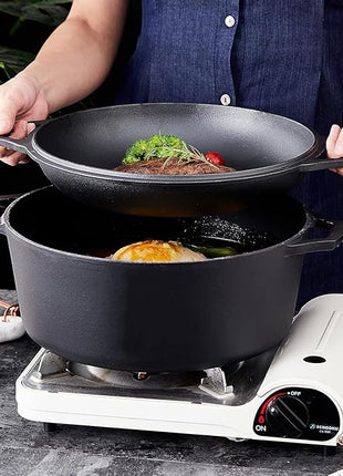 Bruntmor Pre-Seasoned Cast Iron Double Dutch Oven with Skillet Lid - 7 Quart All-in-One Casserole and Braising Pan - Heavy Duty and Oven Safe Black Cookware for Versatile Cooking - 14.7 x 6.9 Inches
