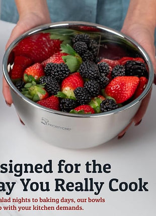 Priority Chef Stainless Steel Mixing Bowls with Lids Set, Metal Nesting Bowls with Airtight Lids, Graters, Non-Slip Base & Measurement Marks, Includes Utensil Set for Prep, Baking & Storage, Grey