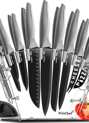 PrinChef Knife Set, 19 Pcs Rust Proof Knives Set for Kitchen, with Acrylic Stand, Sharpener, Scissors and Peeler, Stainless Steel kitchen knife set Nonstick and No Scratch