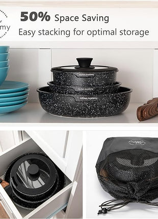 Kitchen Academy Removable Handle Induction Pots and Pans Set - 10 Piece Non-stick Cookware Sets, Black Granite Stackable RV Cookware for Camp