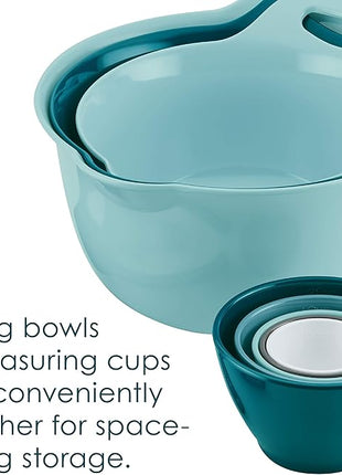 Rachael Ray Tools and Gadgets Mix and Measure Cooking / Baking Prep Set with Mixing Bowls, Measuring Cups, and Tools - 10 Piece, Light Blue and Teal