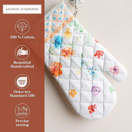 Maison d' Hermine Oven Gloves 100% Cotton Oven Mitt 7" x 13" with Loop Heat Resistant, BBQ, Cooking Gloves, Baking, Grilling, Kitchen, Handling Hot Pans Spring/Summer (Pack of 1, Summer Whisper)