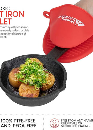 Modern Innovations Mini Black Cast Iron Skillet Set with Silicone Mitt (48 Count) - 3.5 Inch Pans, Pre Seasoned Small Skillets for Baked Cookie/Brownie or Cooked Eggs