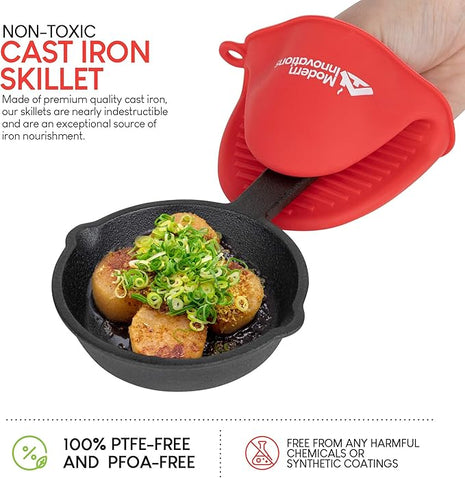 Modern Innovations Mini Black Cast Iron Skillet Set with Silicone Mitt (4 Count) - 3.5 Inch Pans, Pre Seasoned Small Skillets for Baked Cookie/Brownie or Cooked Eggs