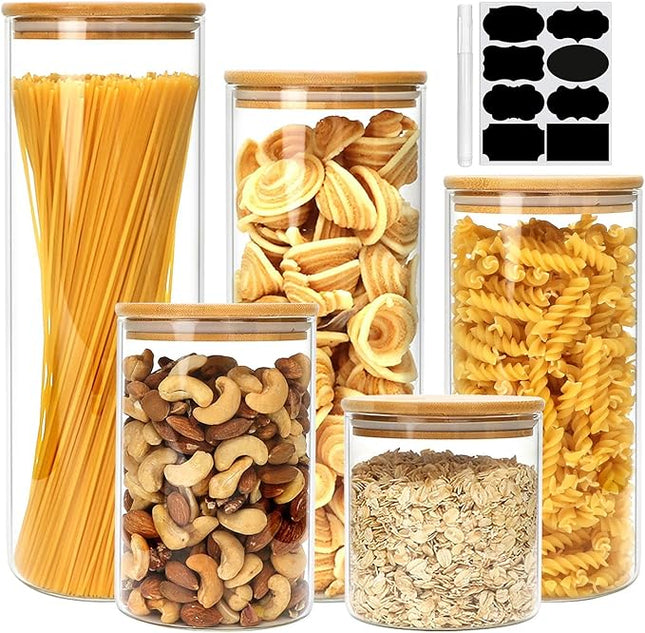 Airtight Glass Jars with Bamboo Lids, Glass Food Storage Containers Set - Set of 5 Kitchen Canisters for Sugar, Candy, Cookie, Rice and Spice Jars