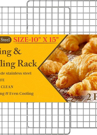 2PCS Cooling Racks for Cooking and Baking - 10" x 15"Heavy Duty Stainless Steel Wire Rack for Baking, Grilling, Roasting - Oven & Dishwasher Safe - Fits Jelly Roll Sheet Pan-Silver