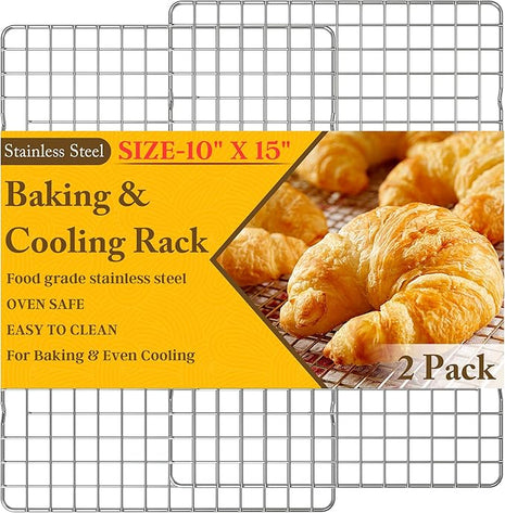 2PCS Cooling Racks for Cooking and Baking - 10" x 15"Heavy Duty Stainless Steel Wire Rack for Baking, Grilling, Roasting - Oven & Dishwasher Safe - Fits Jelly Roll Sheet Pan-Silver
