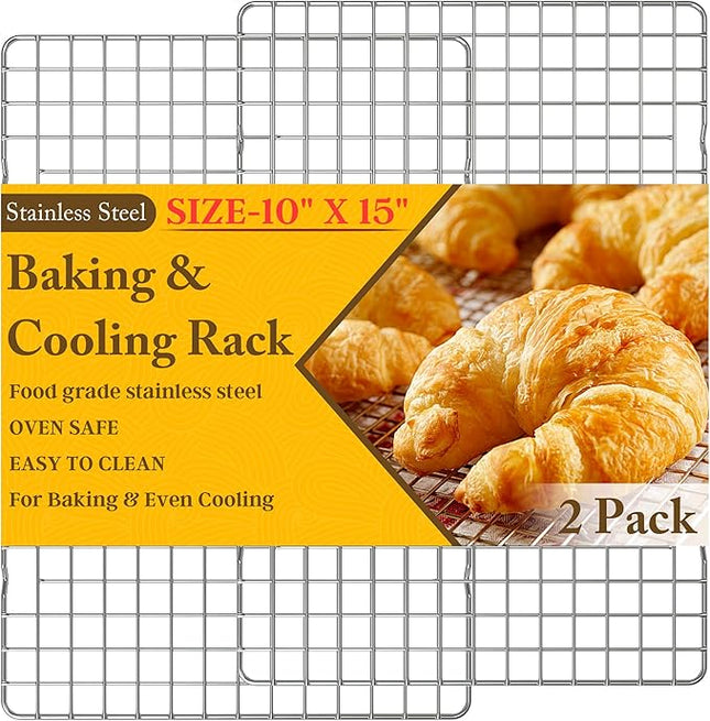 2PCS Cooling Racks for Cooking and Baking - 10" x 15"Heavy Duty Stainless Steel Wire Rack for Baking, Grilling, Roasting - Oven & Dishwasher Safe - Fits Jelly Roll Sheet Pan-Silver