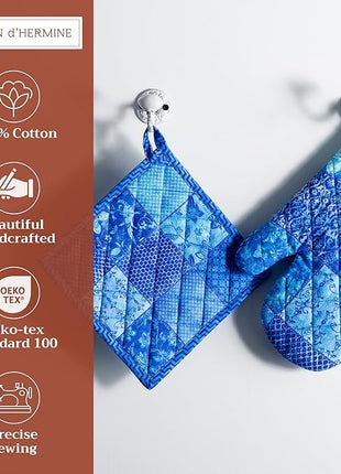 Maison d' Hermine 100% Cotton Oven Mitt & Pot Holder Set (7.5"x13" & 8"x8") Heat Resistant BBQ Cooking Gloves with Loop, Baking, Grilling, Kitchen, Handling Hot Pans Spring/Summer (Indigo Love)