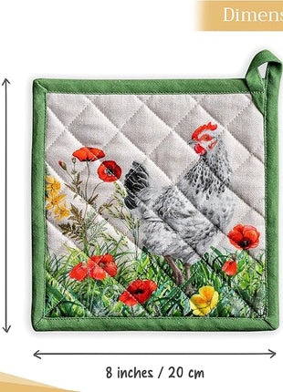 Maison d' Hermine Pot Holders 100% Cotton Heat Resistant Potholders 8" x 8" Hot Pads with Loop BBQ, Cooking, Baking, Grilling, Kitchen, Handling Hot Pans Spring/Summer (Pack of 1, Basse Cour)