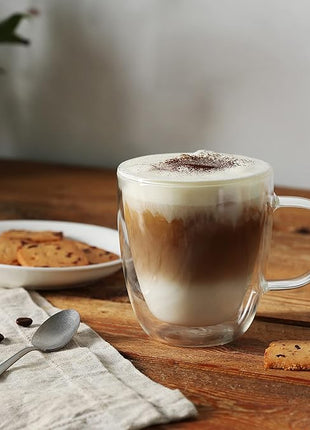 CNGLASS Double Wall Glass Coffee Mugs 12 oz,Insulated Glass Coffee Cups with Handle,Clear Espresso Mugs for Cappuccino,Latte,Tea Bags,Hot and Cold Beverages,Set of 2