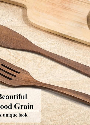 Wooden Spatula Nonstick Turner Acacia Wood, 12" Long Handle Flat Frying Spatulas Handmade for Kitchen Gifts, Ideal Cookware Utensils for Cooking Eggs, Fish, Pancakes, 2 Pack
