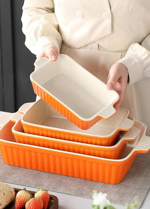 MALACASA Bakeware Set of 4, Porcelain Baking Pans Set for Oven, Casserole Dish, Ceramic Rectangular Baking Dish Lasagna Pans for Cooking Cake Kitchen, Orange(9.4"/11.1"/12.2"/14.7"), Series BAKE.BAKE