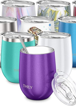 THILY Vacuum Insulated Stemless Wine Tumbler Triple-Insulated Stainless Steel Wine Glass with Lid, Reusable Straw, 12 oz, Wine, Coffee, Cocktails, Gifts Ideas for Women, Her, Girls, Purple