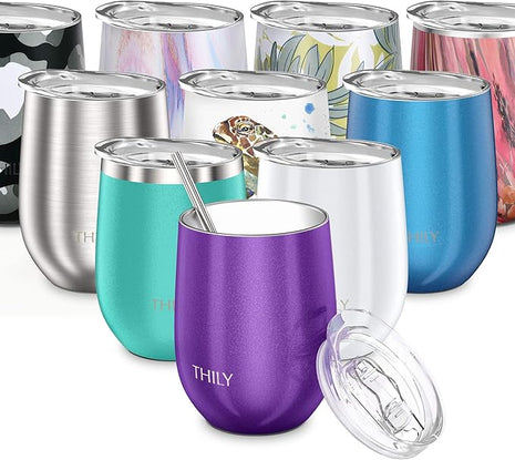THILY Vacuum Insulated Stemless Wine Tumbler Triple-Insulated Stainless Steel Wine Glass with Lid, Reusable Straw, 12 oz, Wine, Coffee, Cocktails, Gifts Ideas for Women, Her, Girls, Purple