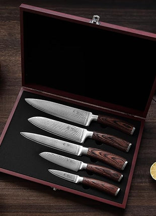 Wakoli EDIB 5-Piece Damascus Knife Set – Professional Chef Knives Set with VG10 Core Blades, 67-Layer Damascus Steel and Ergonomic Pakkawood Handles – Premium Kitchen Knives in Wooden Gift Box