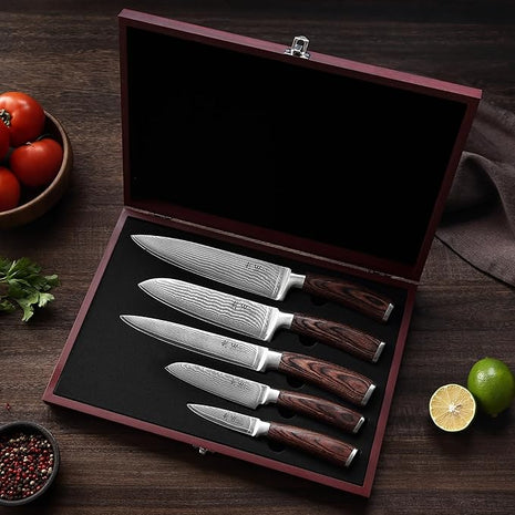 Wakoli EDIB 5-Piece Damascus Knife Set – Professional Chef Knives Set with VG10 Core Blades, 67-Layer Damascus Steel and Ergonomic Pakkawood Handles – Premium Kitchen Knives in Wooden Gift Box