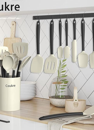 Coukre Silicone Kitchen Cooking Utensils Set with Holder – Heat-Resistant, Food-Grade Kitchen Tools, Spatula, Spoon & Gadgets for Non-Stick Pans, Dishwasher Safe (14, Beige)