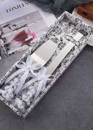 TANG SONG Elegant Stainless Steel Wedding Cake Knife and Serving Set Resin Plastic Handle with Heart Beads and Bowknot Riband Lace Design