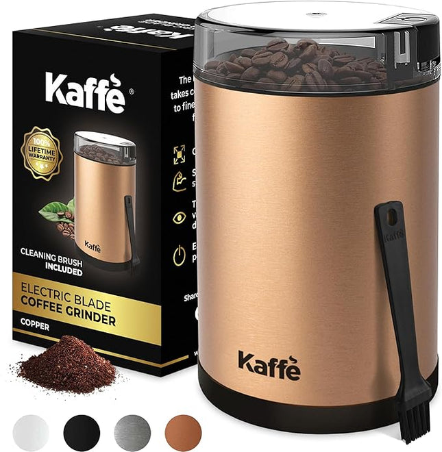 Kaffe One-Touch Coffee Grinder Electric w/Cleaning Brush (3 oz) - Stainless Steel - Coffee Grinders for Home Use - Up to 12 Cups of Coffee per Grind - Easy On/Off Coffee Bean Grinder - Copper