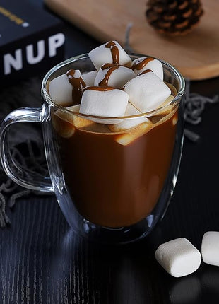 CNGLASS Large Glass Coffee Mugs 17oz,Double Walled Insulated Clear Coffee Cups with Handle,Clear Espresso Mugs for Cappuccino,Latte,Tea Bags,Hot and Cold Beverages,Set of 4