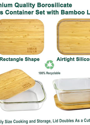 Urban Green Glass Food Storage Containers, XXLarge Size, 76oz/2260ml, 2 Pack - Bamboo Lids, Microwave & Freezer Safe, Meal Prep & Pantry Organization