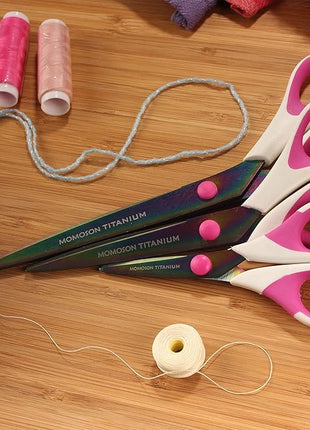 BambooMN Titanium Softgrip Scissors Set for Sewing, Arts, Crafts, Office - 30 Sets of 3 - White w/Pink Inlays