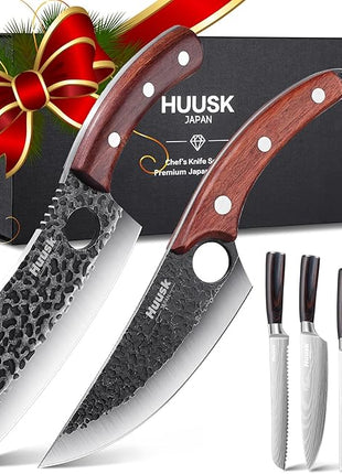 Huusk Japanese Kitchen Knife Set 6pcs with Gift Box, Butcher Knife Set for Meat Cutting, Cooking Knives with Meat Cleaver, Chef Knives Professional, Cool Mens Christmas Gift