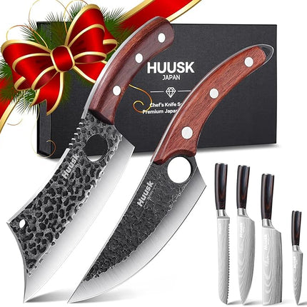 Huusk Japanese Kitchen Knife Set 6pcs with Gift Box, Butcher Knife Set for Meat Cutting, Cooking Knives with Meat Cleaver, Chef Knives Professional, Cool Mens Christmas Gift