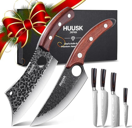 Huusk Japanese Kitchen Knife Set 6pcs with Gift Box, Butcher Knife Set for Meat Cutting, Cooking Knives with Meat Cleaver, Chef Knives Professional, Cool Mens Christmas Gift