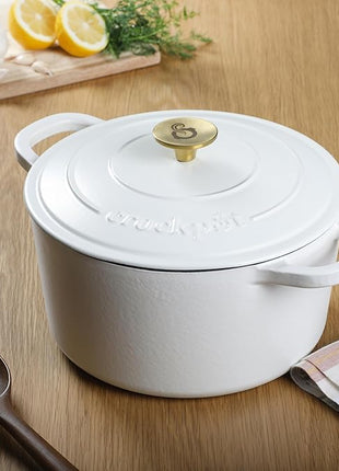 Crock-Pot Artisan 5-Quart Round Dutch Oven – Matte Linen White with Gold Knob, Enameled Cast Iron Cookware
