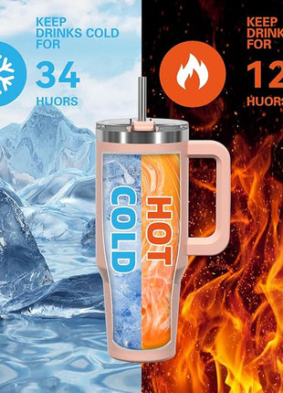 40 oz Tumbler with Handle,Tumbler with Lid and Straw,Double Wall Insulated Cup Stainless Steel Travel Mug(Cold for 34 Hours),Water Bottle for Iced Tea,Coffee,Cold Beverages(Pink)