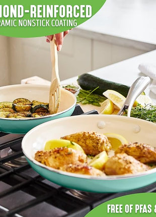 GreenLife Artisan Healthy Ceramic Nonstick, 8" and 10" Frying Pan Skillet Set, Stainless Steel Handle, Induction, PFAS-Free, Dishwasher Safe, Oven Safe, Turquoise