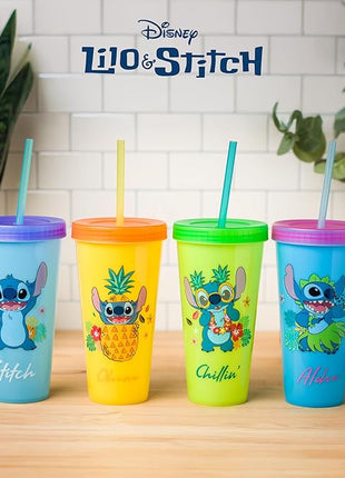 Silver Buffalo Disney Lilo and Stitch Tropical Poses 4 Pack Color Change Plastic Tumbler, 24 Ounces