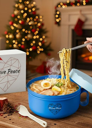 AI LOVE PEACE Ramen Bowl, 40 oz Microwaveable Noodle Cooker for Ramen, Pho, Soup, and Pasta, Dishwasher Safe and Portable, Ideal for Home, Office, Dorm, or Gift (Blue)