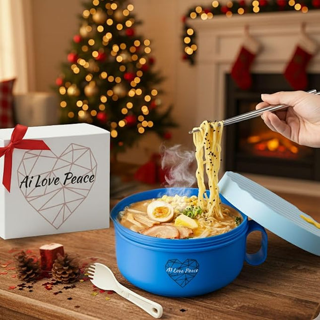 AI LOVE PEACE Ramen Bowl, 40 oz Microwaveable Noodle Cooker for Ramen, Pho, Soup, and Pasta, Dishwasher Safe and Portable, Ideal for Home, Office, Dorm, or Gift (Blue)