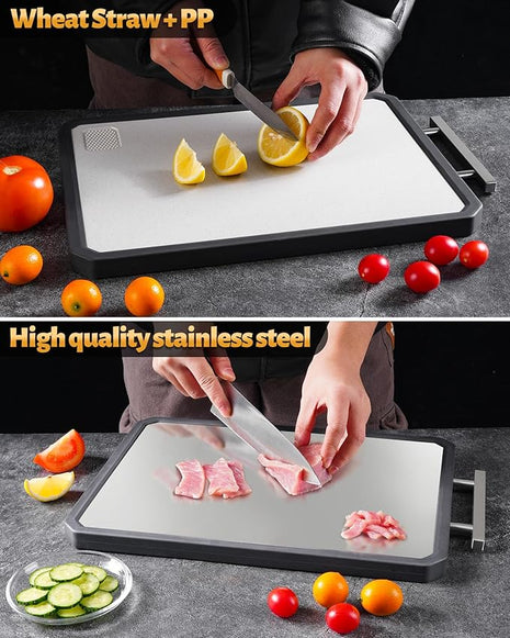 Titanium Cutting Board Double Sided for Kitchen,Large Chopping Board（16.42×11 In）Non-Slip Edge Garlic Grater Titanium and Food-Grade Wheat Straw PP, Kitchen Necessities for Home