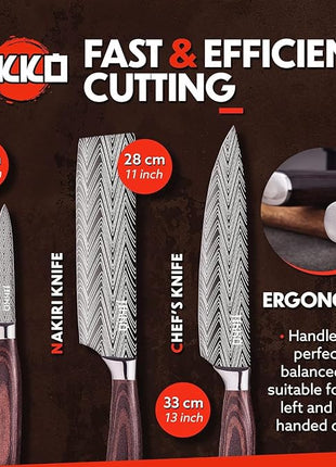 Jikko New Reinforced Carbon Steel Japanese Kitchen Knife Set – DiamondRazor Series – Ultra Sharp Japanese Knife Set & Chef Knife Set with Mahogany Wood Handles – Professional Chef's Knives