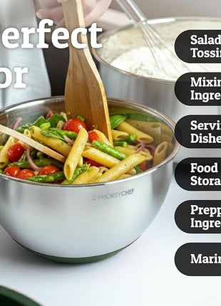 Priority Chef Stainless Steel Mixing Bowls with Lids Set, Metal Nesting Bowls with Airtight Lids, Graters, Non-Slip Base & Measurement Marks, Includes Utensil Set for Prep, Baking & Storage, Green