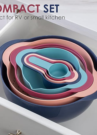 COOK WITH COLOR Nesting Bowls with Measuring Cups Colander and Sifter Set - Includes Mixing Bowls, Colander, Sifter and Measuring Cups, Navy, 8 Pc Bowl