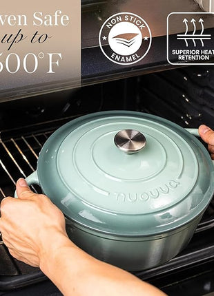 Nuovva Enamelled Cast Iron Dutch Oven Pot with Lid 6.4 Quart Non Stick Casserole Pot – Heavy Duty & Oven Safe up to 500° F for Bread Baking, Braising, Stews, Roasting – 28cm Sea Salt