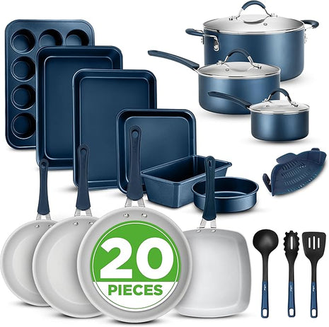 NutriChef Professional 20 Pc Kitchen Set in Navy Blue - Durable Non-Stick Pots and Pans with Bakeware, Compatible with Any Cooktop, Easy Clean